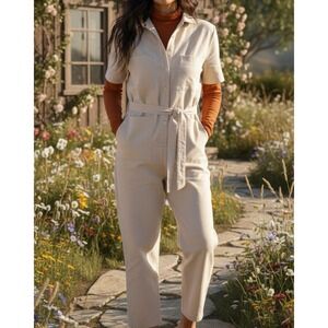 Tradlands Finn Short Sleeve Utility Jumpsuit Belted in Natural Canvas Medium